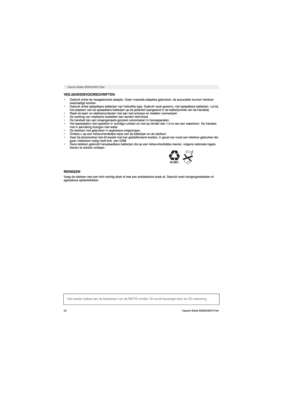 Topcom BUTLER 3500 manual Veiligheidsvoorschriften, Reinigen, N i M H 