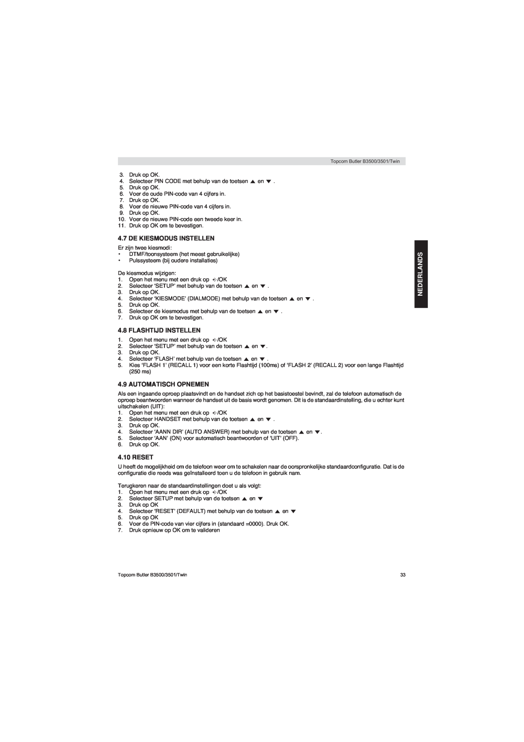 Topcom BUTLER 3500 manual De Kiesmodus Instellen, Flashtijd Instellen, Automatisch Opnemen, Reset, Nederlands 