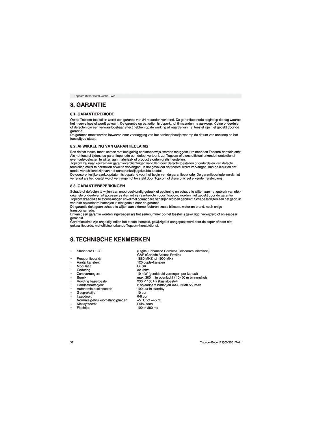 Topcom BUTLER 3500 manual Technische Kenmerken, Garantieperiode, Afwikkeling Van Garantieclaims, Garantiebeperkingen 