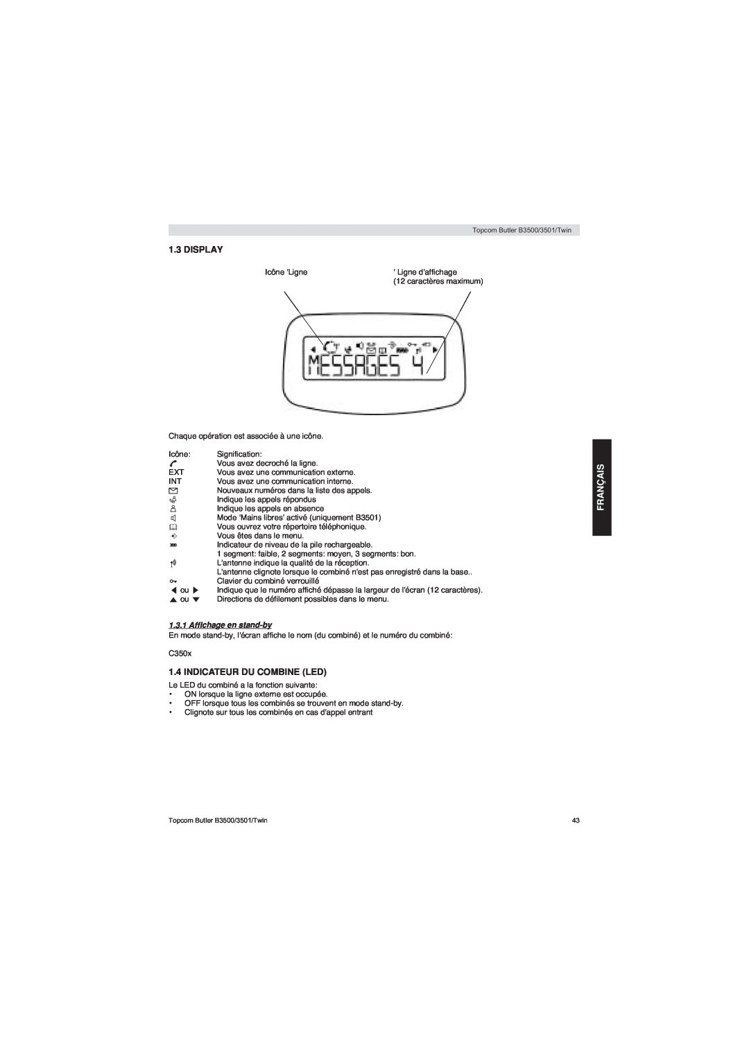 Topcom BUTLER 3500 manual Indicateur Du Combine Led, Display, Français, 1.3.1 Afﬁchage en stand-by 