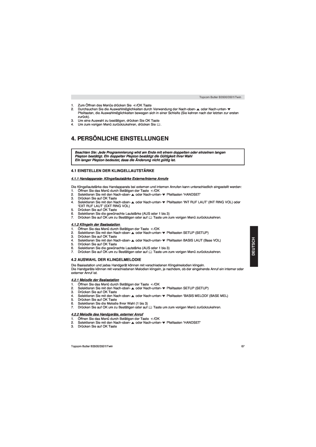 Topcom BUTLER 3500 manual Persönliche Einstellungen, Einstellen Der Klingellautstärke, Auswahl Der Klingelmelodie, Deutsch 
