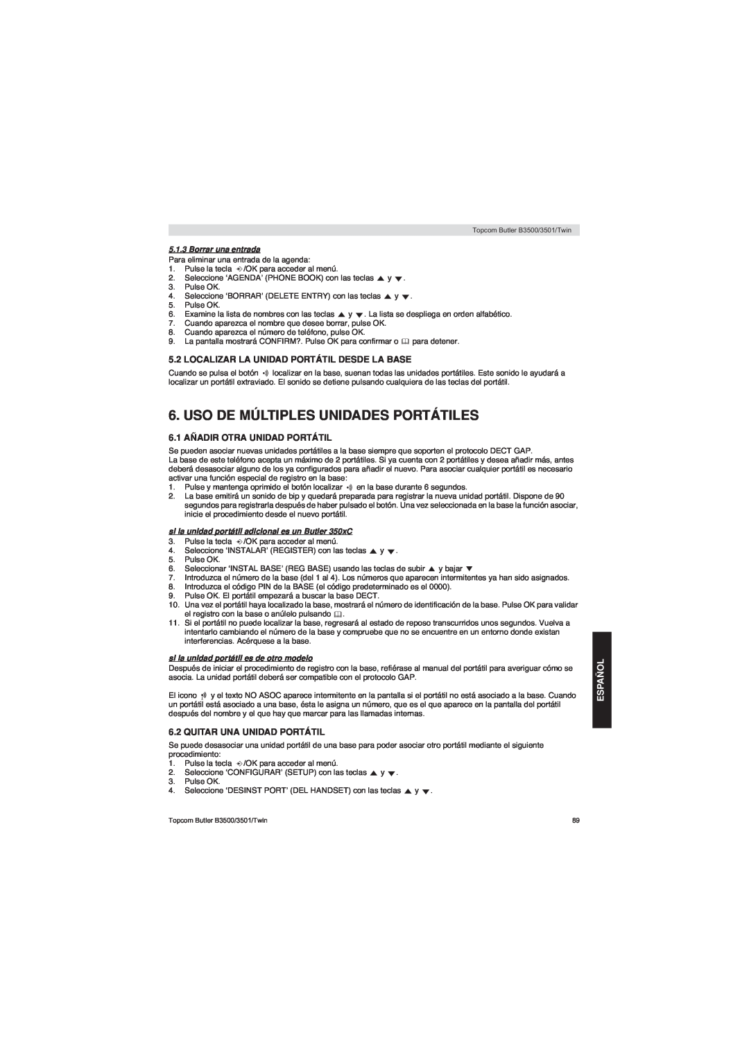 Topcom BUTLER 3500 manual Uso De Múltiples Unidades Portátiles, Localizar La Unidad Portátil Desde La Base, Español 