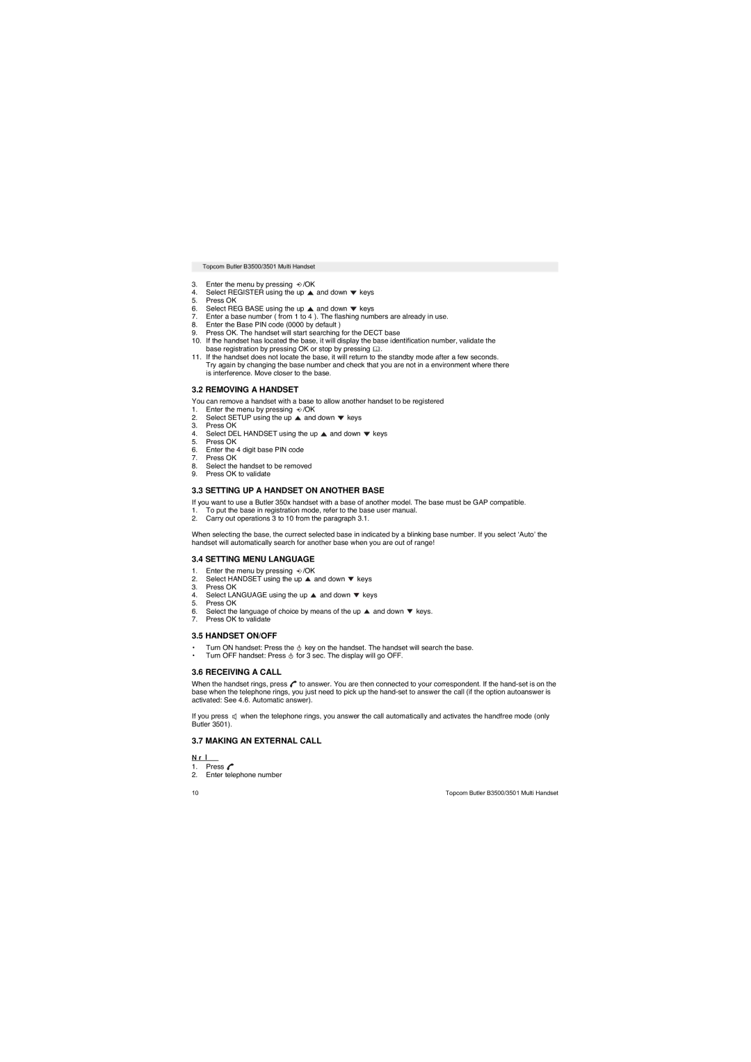 Topcom Butler 3501 manual Removing a Handset, Setting UP a Handset on Another Base, Setting Menu Language, Handset ON/OFF 