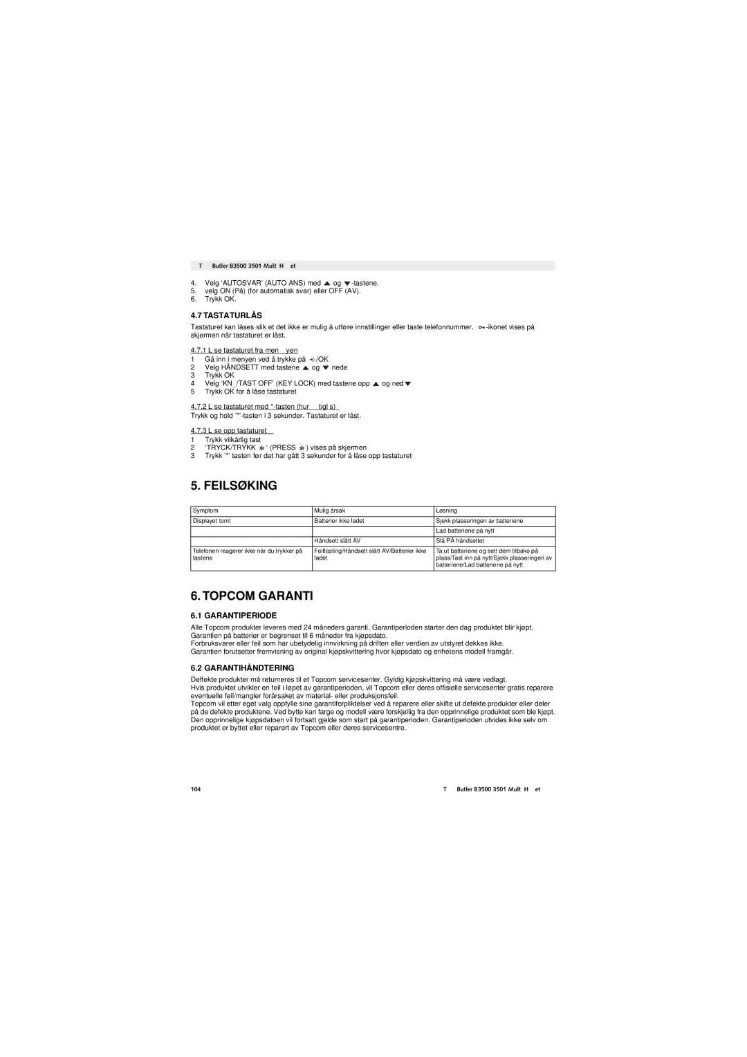 Topcom Butler 3501 manual Feilsøking, Topcom Garanti, Garantiperiode, Garantihåndtering 