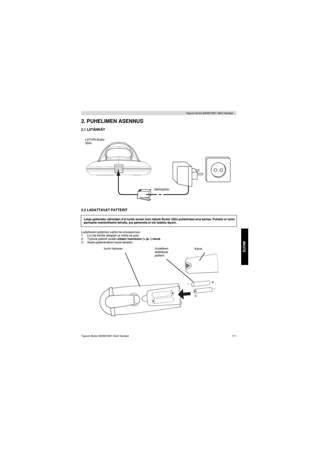 Topcom Butler 3501 Puhelimen Asennus, Liitännät, Ladattavat Patterit, Työnnä patterit sisään ottaen huomioon + ja navat 