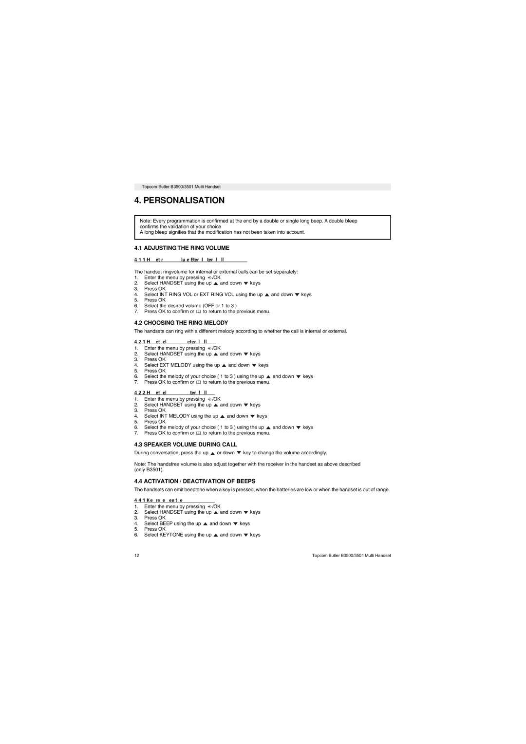 Topcom Butler 3501 manual Personalisation, Adjusting the Ring Volume, Choosing the Ring Melody, Speaker Volume During Call 