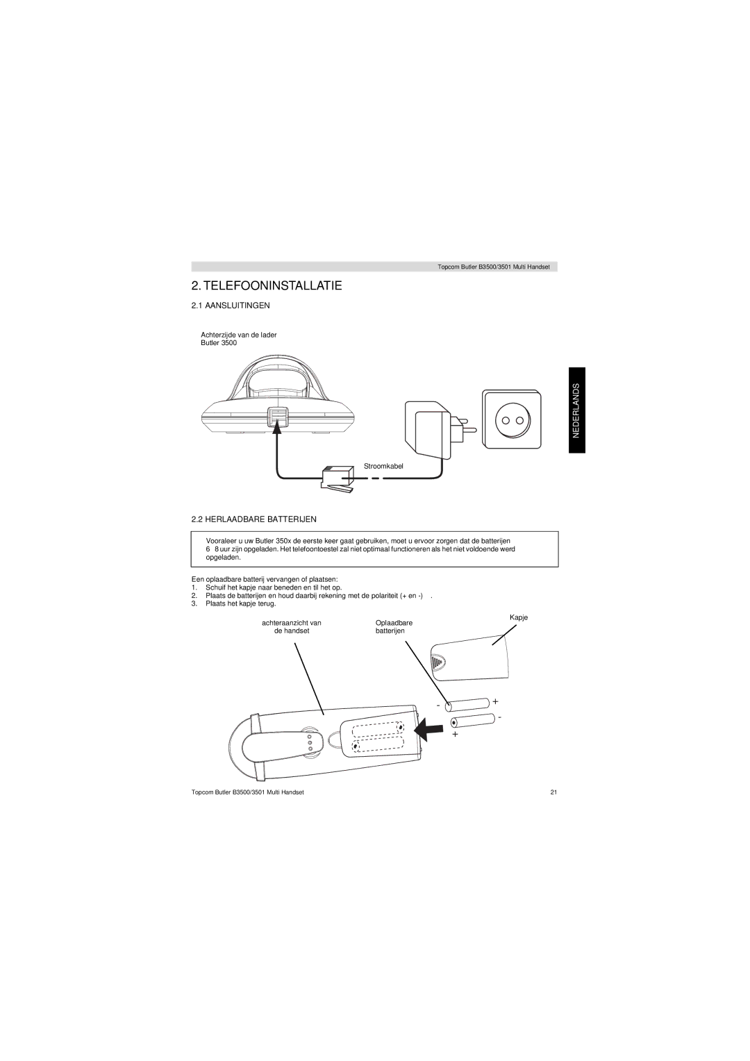 Topcom Butler 3501 manual Telefooninstallatie, Aansluitingen, Herlaadbare Batterijen 