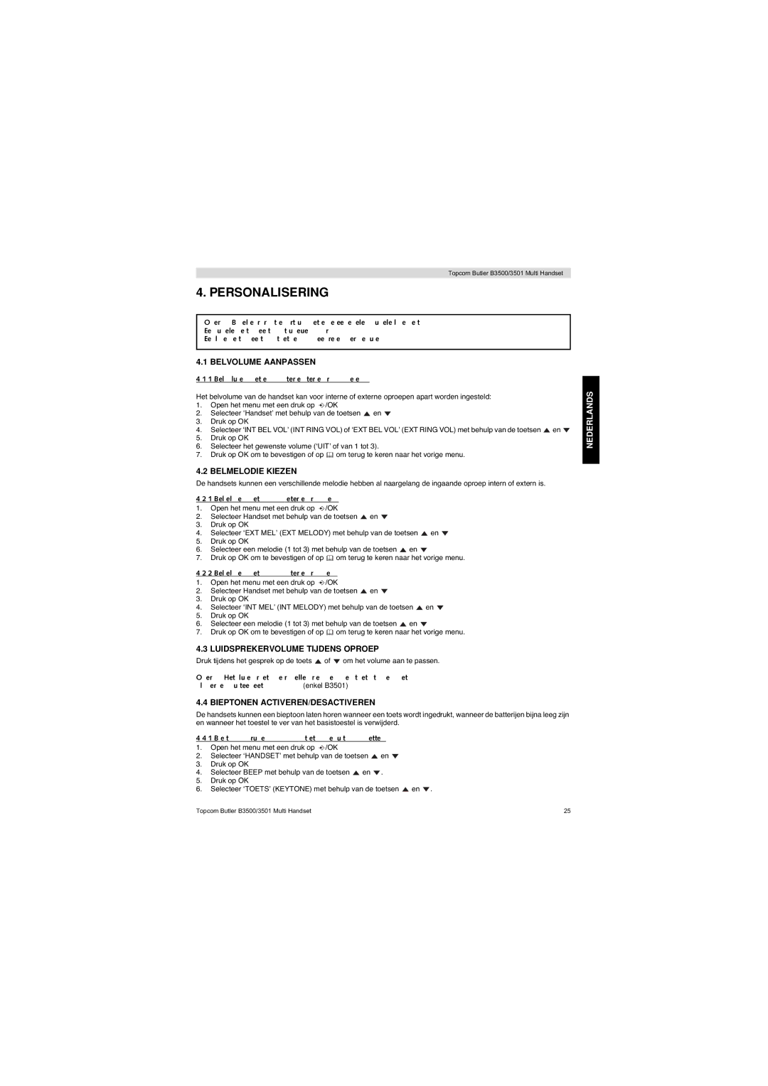 Topcom Butler 3501 manual Personalisering, Belvolume Aanpassen, Belmelodie Kiezen, Luidsprekervolume Tijdens Oproep 