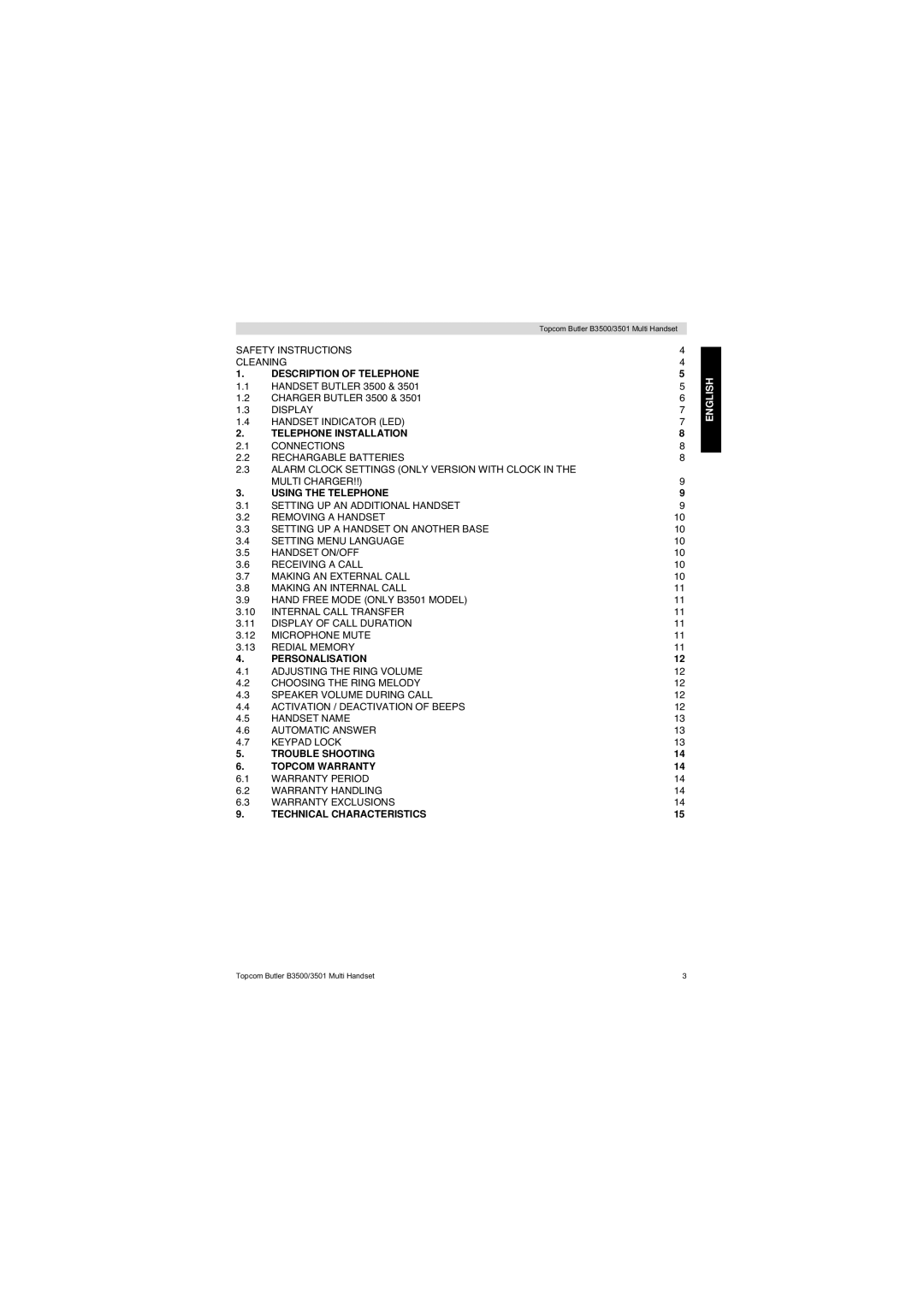 Topcom Butler 3501 manual Description of Telephone, Telephone Installation, Using the Telephone, Personalisation 