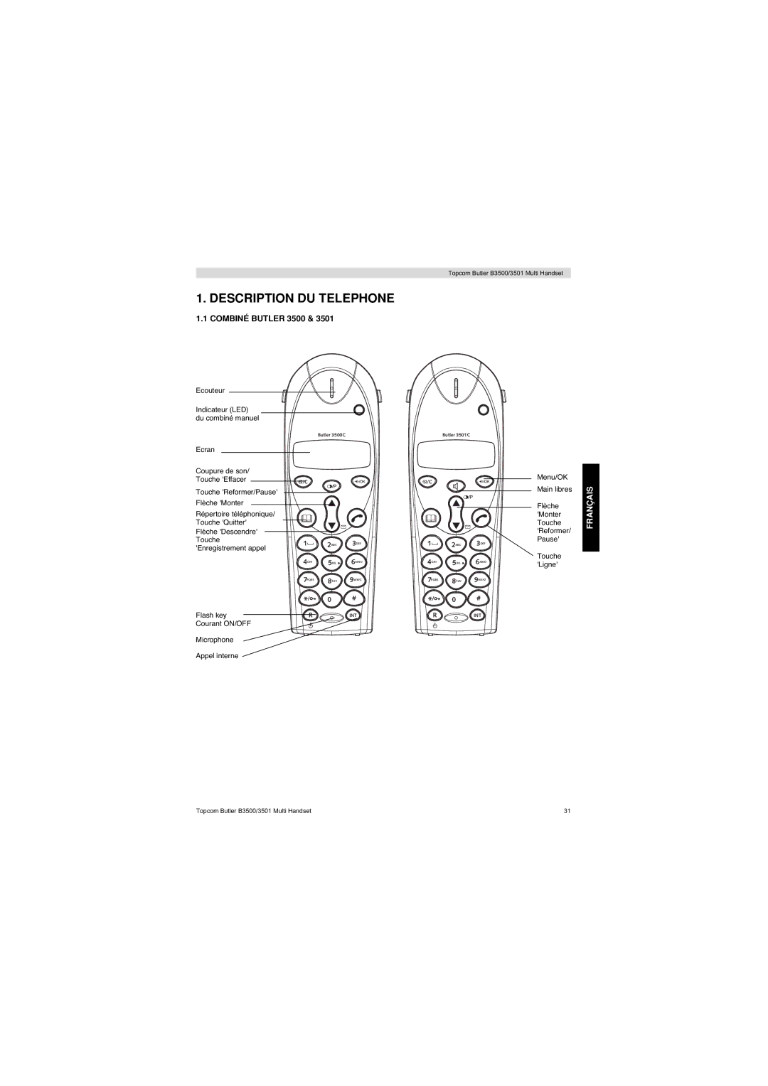 Topcom Butler 3501 manual Description DU Telephone, Combiné Butler 3500 