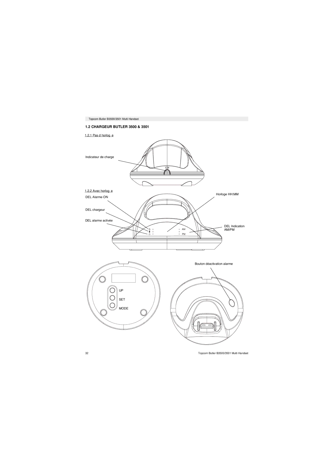 Topcom Butler 3501 manual Chargeur Butler 3500, Pas d’horloge, Avec horloge 