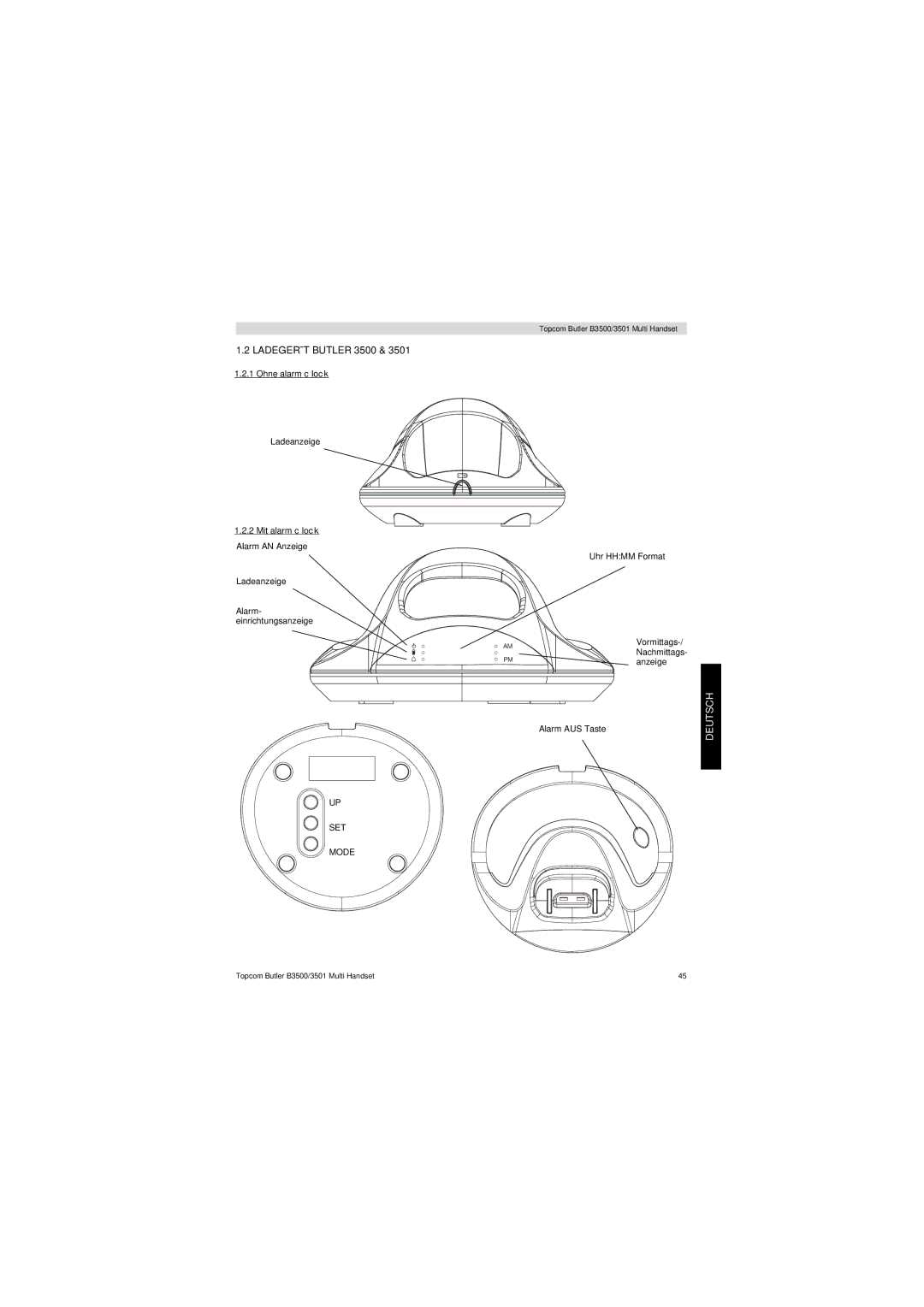 Topcom Butler 3501 manual Ladegerät Butler 3500, Ohne alarm clock, Mit alarm clock 