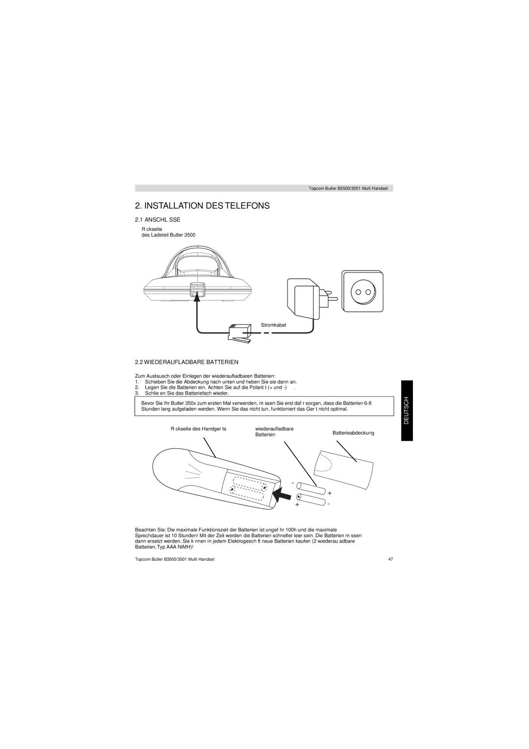 Topcom Butler 3501 manual Installation DES Telefons, Anschlüsse, Wiederaufladbare Batterien 