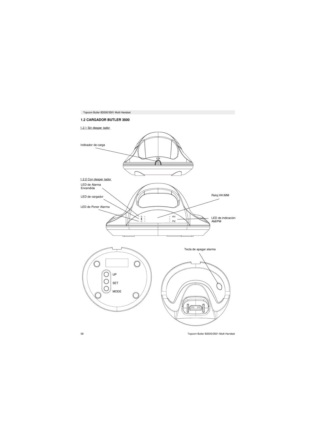 Topcom Butler 3501 manual Cargador Butler, Sin despertador, Con despertador 