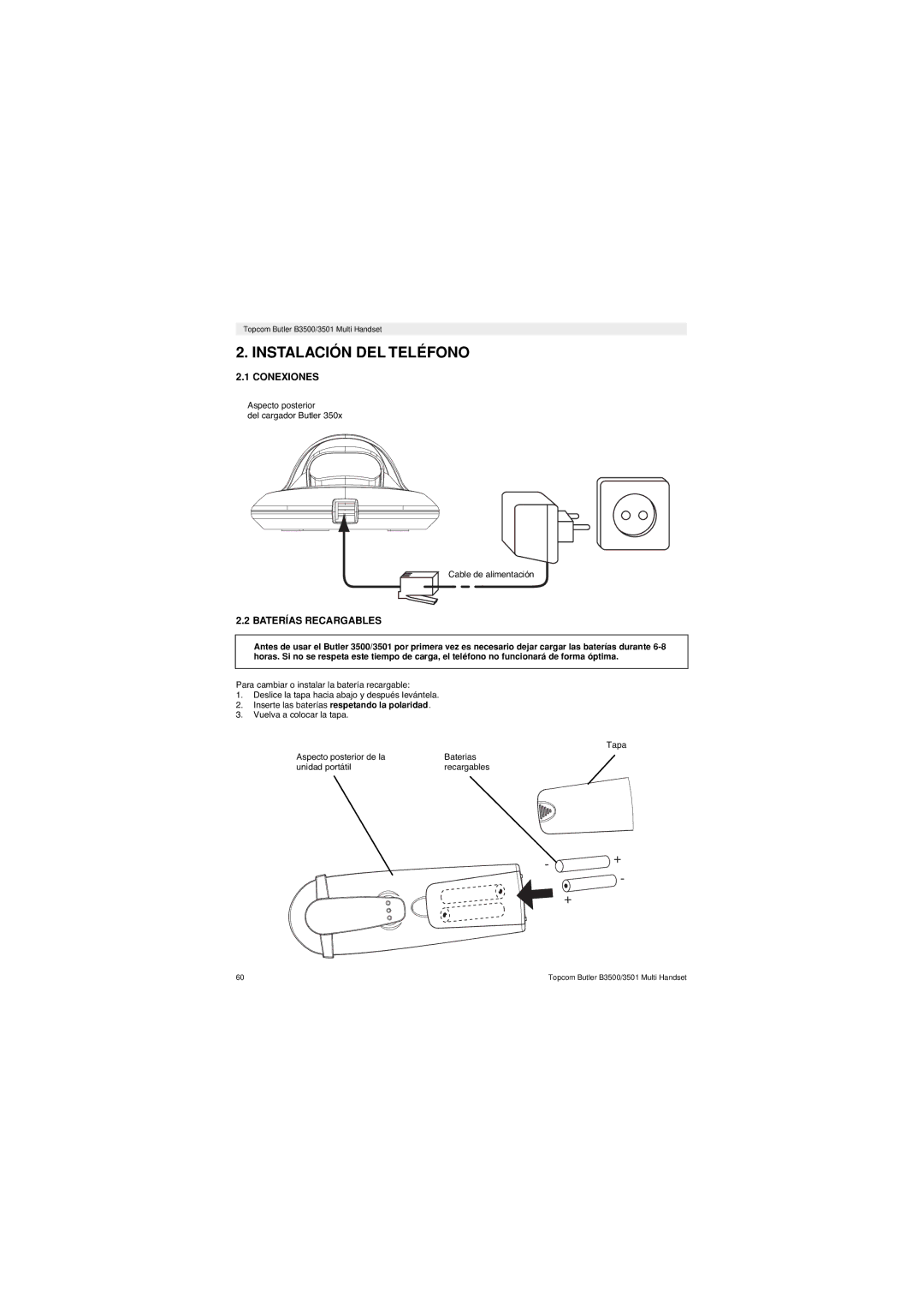 Topcom Butler 3501 manual Instalación DEL Teléfono, Conexiones, Baterías Recargables 