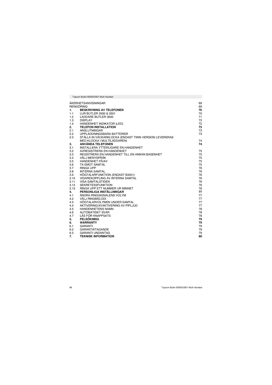Topcom Butler 3501 manual Beskrivning AV Telefonen, Telefon Installation, Använda Telefonen, Personliga Inställningar 