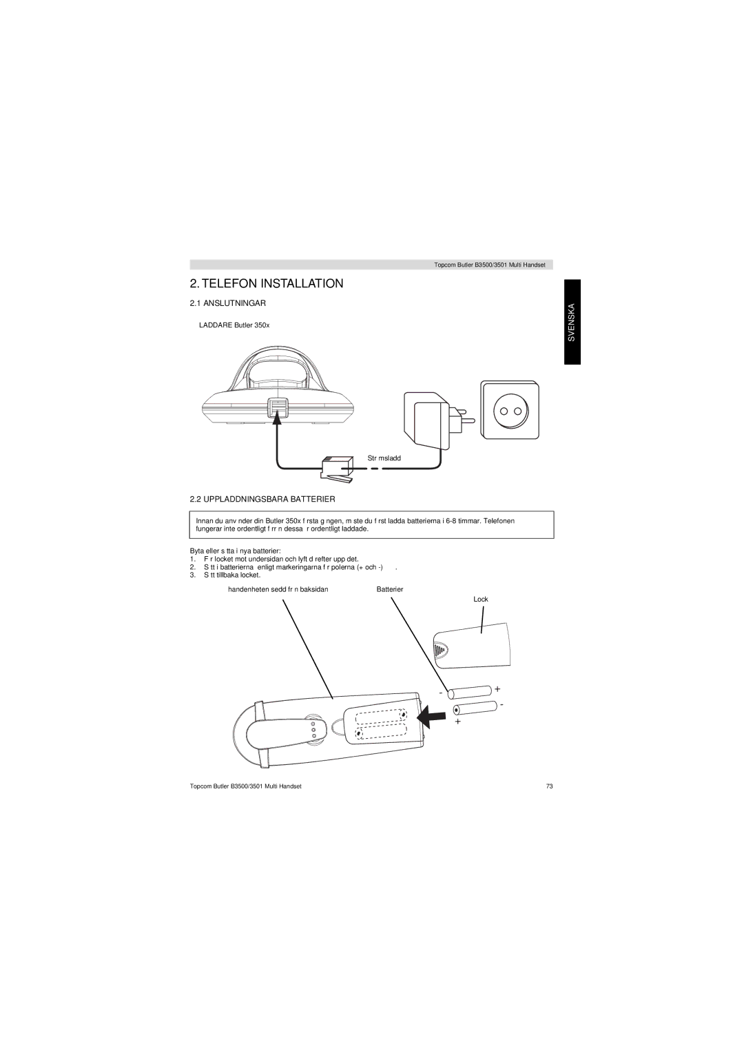 Topcom Butler 3501 manual Telefon Installation, Anslutningar, Uppladdningsbara Batterier 