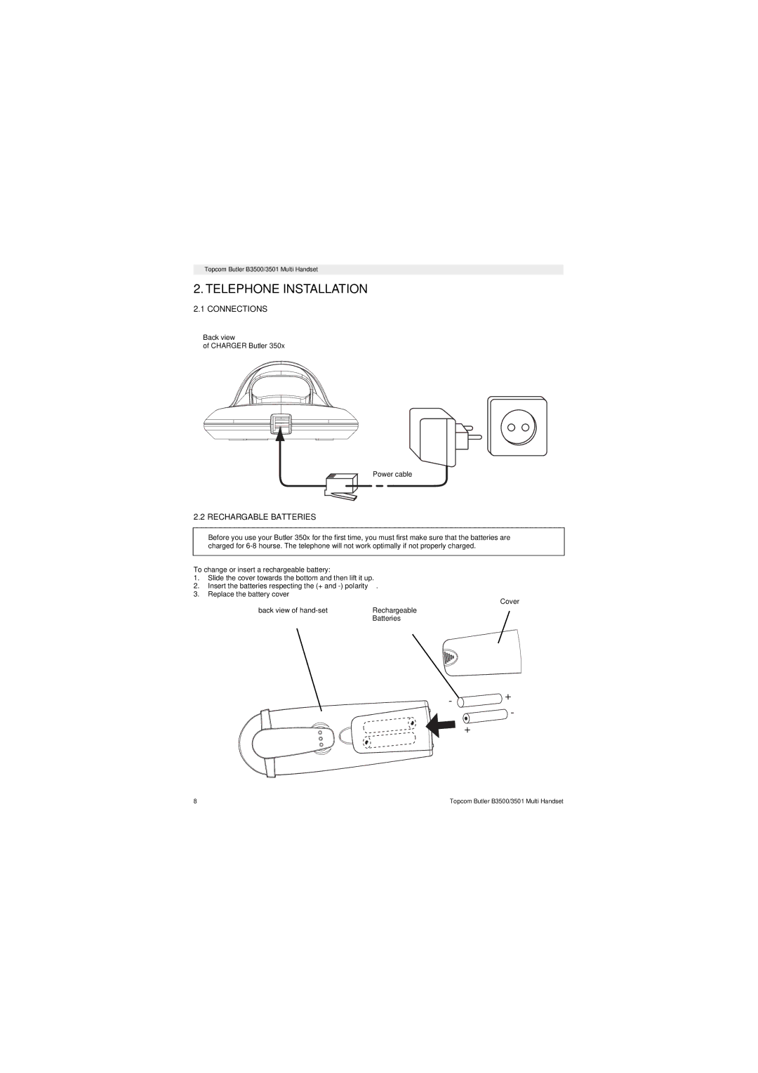 Topcom Butler 3501 manual Telephone Installation, Connections, Rechargable Batteries 