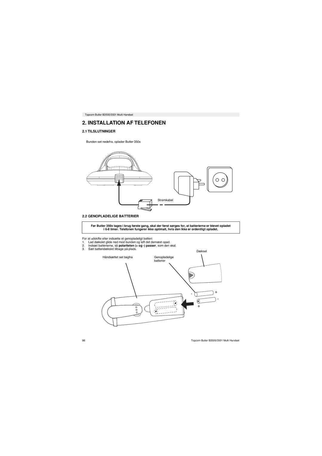 Topcom Butler 3501 manual Installation AF Telefonen, Tilslutninger, Genopladelige Batterier 