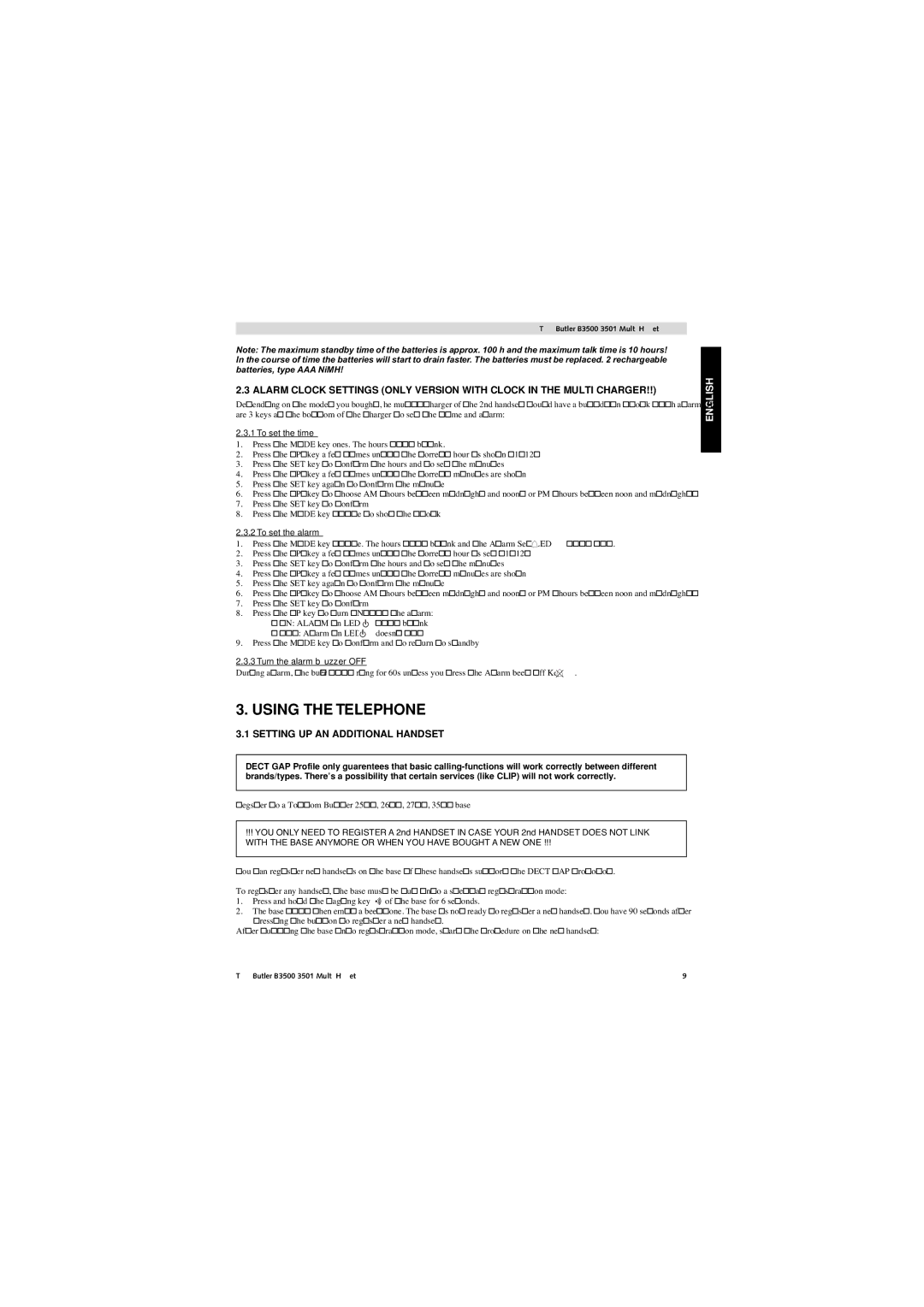 Topcom Butler 3501 manual Using the Telephone, Setting UP AN Additional Handset, To set the time, To set the alarm 