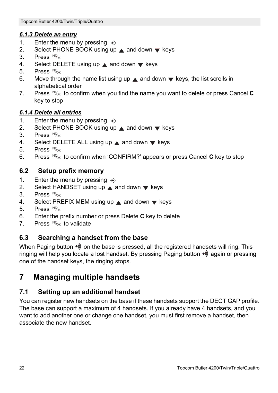 Topcom BUTLER 4200 manual Managing multiple handsets, Setup prefix memory, Searching a handset from the base 