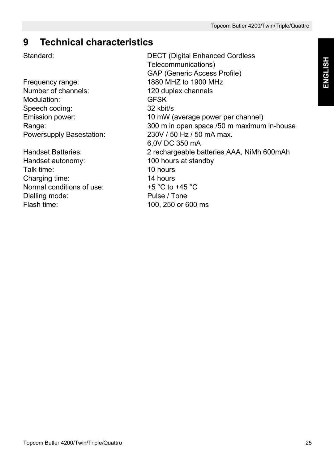 Topcom BUTLER 4200 manual Technical characteristics, Gfsk 