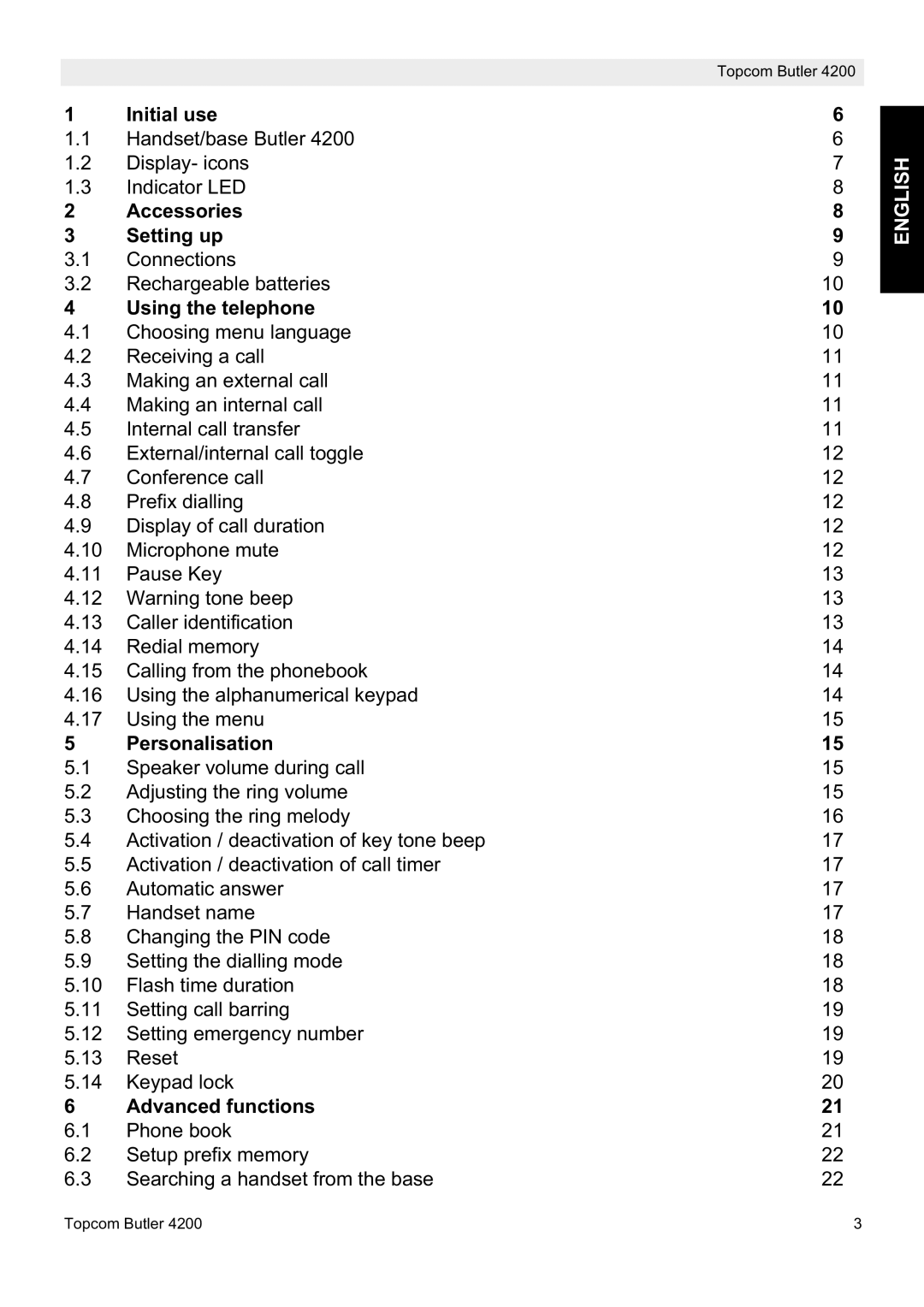 Topcom BUTLER 4200 manual Initial use, Accessories Setting up, Using the telephone, Personalisation, Advanced functions 