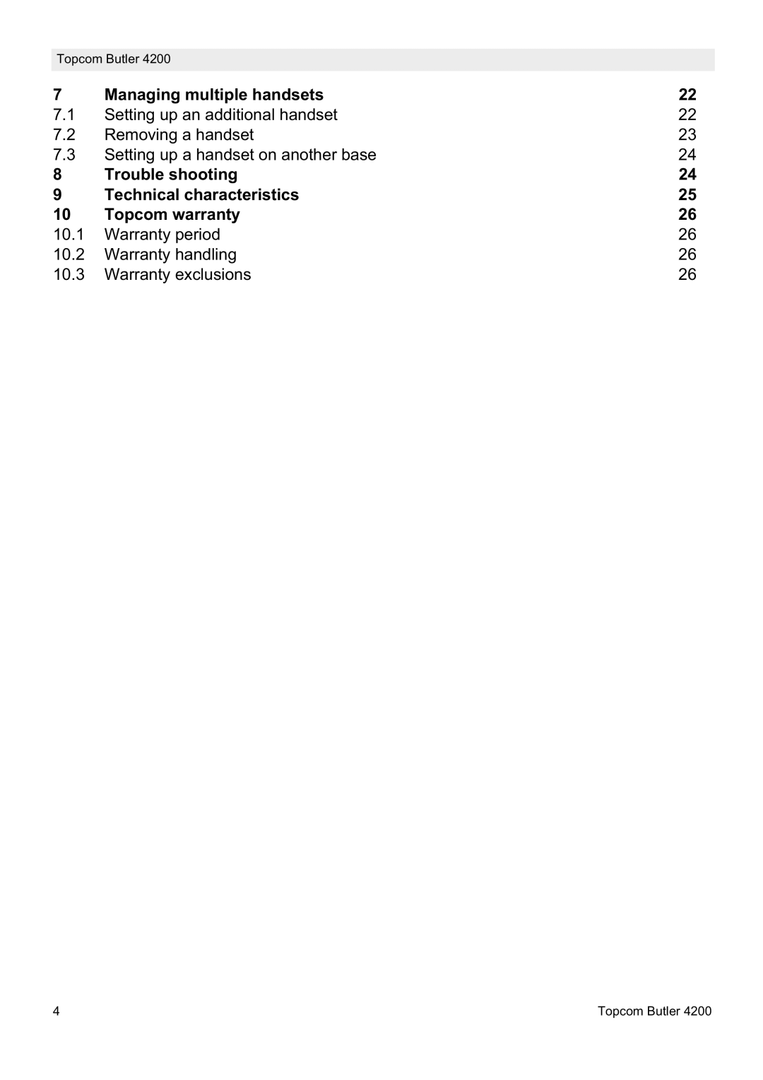 Topcom BUTLER 4200 manual Managing multiple handsets, Trouble shooting Technical characteristics Topcom warranty 