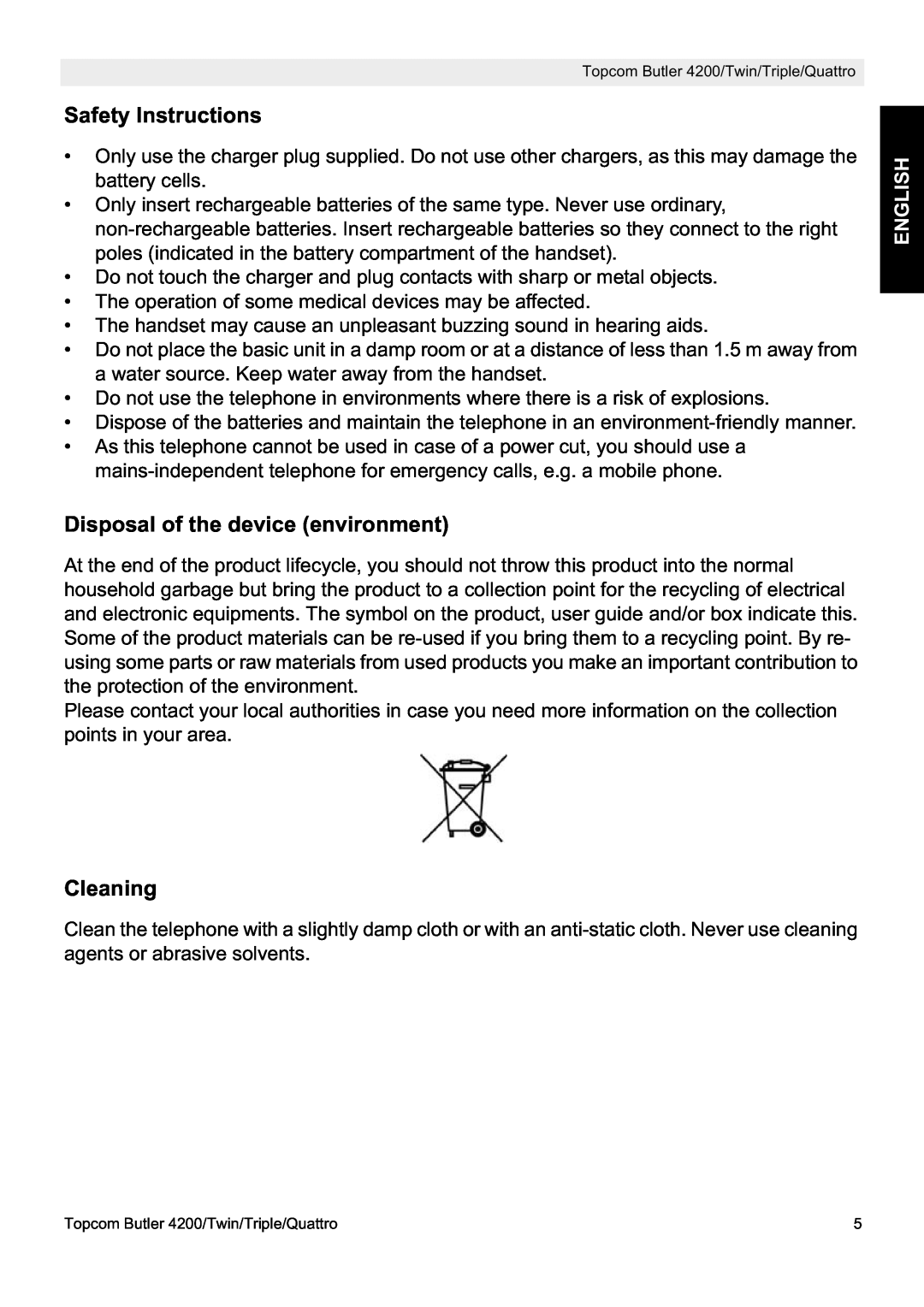 Topcom BUTLER 4200 manual Safety Instructions, Disposal of the device environment, Cleaning, English 