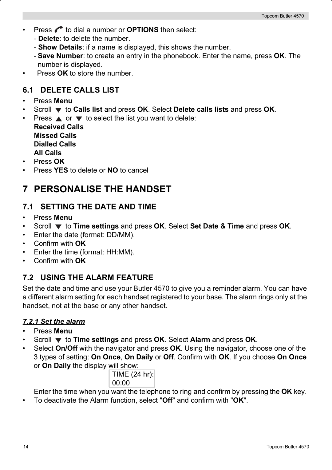 Topcom BUTLER 4570 manual Personalise the Handset, Delete Calls List, Setting the Date and Time, Using the Alarm Feature 