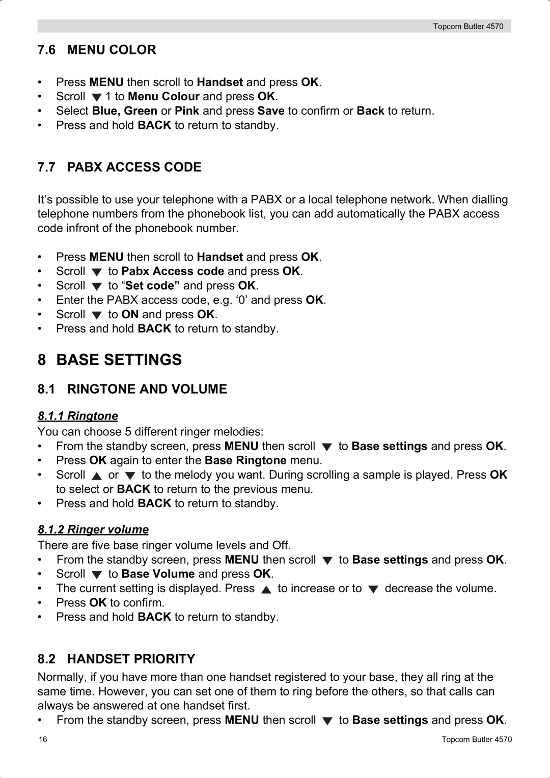 Topcom BUTLER 4570 manual Base Settings, Menu Color, Pabx Access Code, Handset Priority 