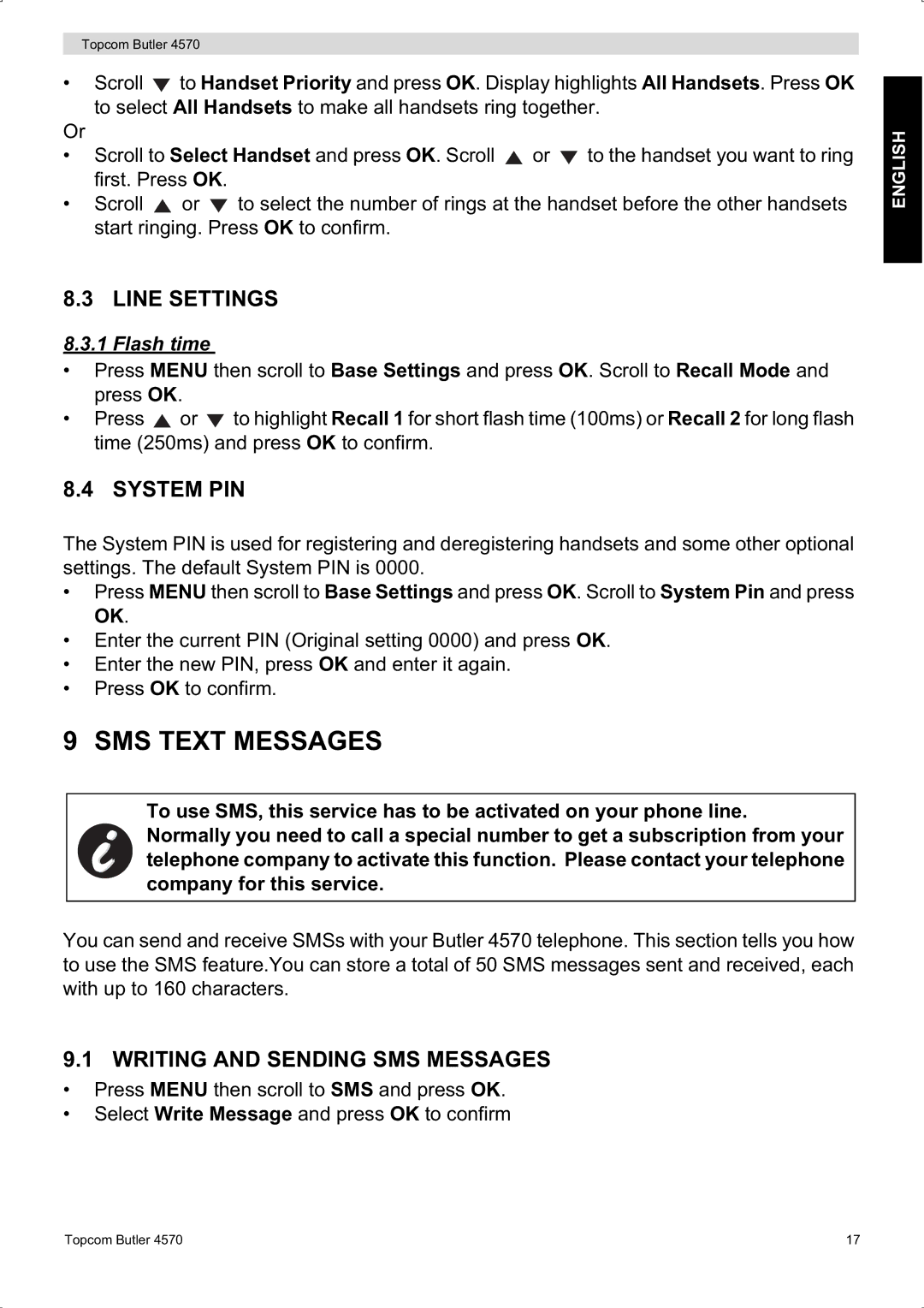 Topcom BUTLER 4570 manual SMS Text Messages, Line Settings, System PIN, Writing and Sending SMS Messages, Flash time 