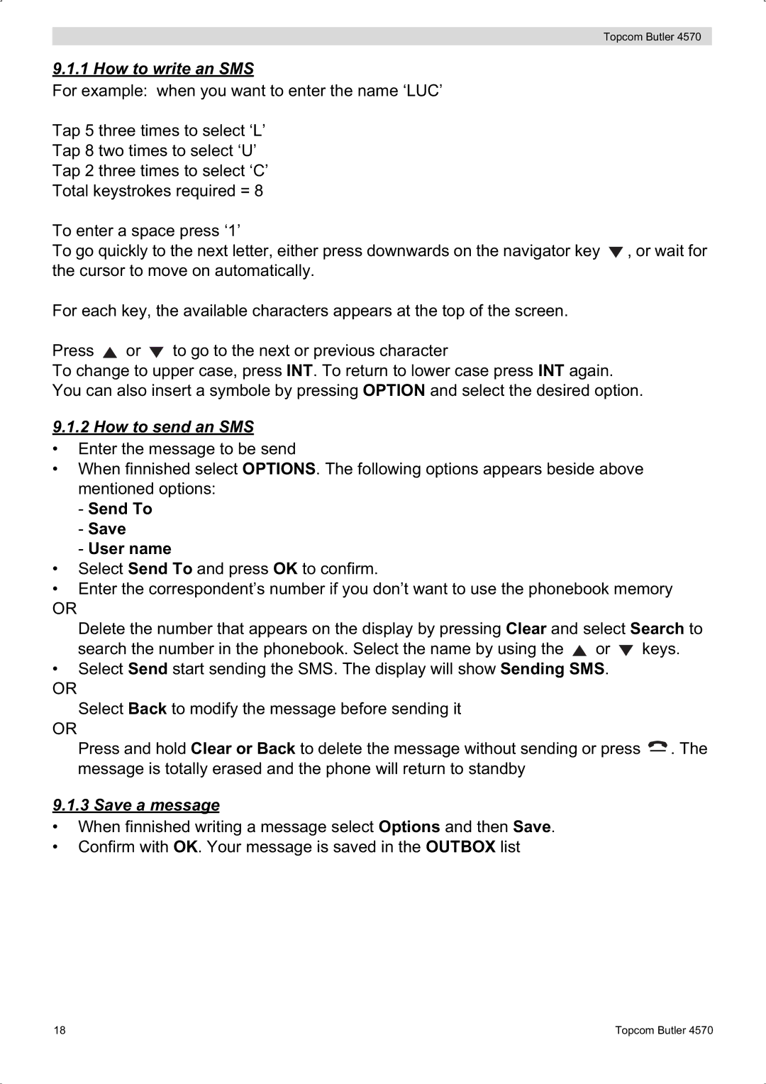 Topcom BUTLER 4570 manual How to write an SMS, How to send an SMS, Send To Save User name, Save a message 