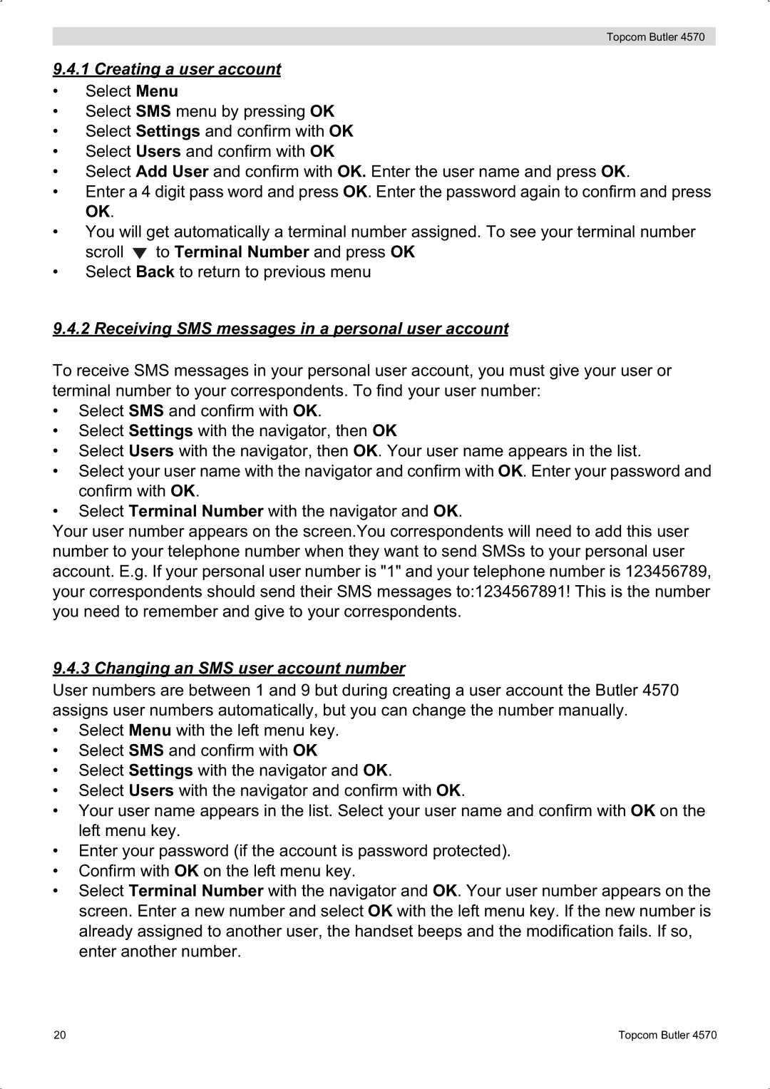 Topcom BUTLER 4570 manual Creating a user account, Receiving SMS messages in a personal user account 