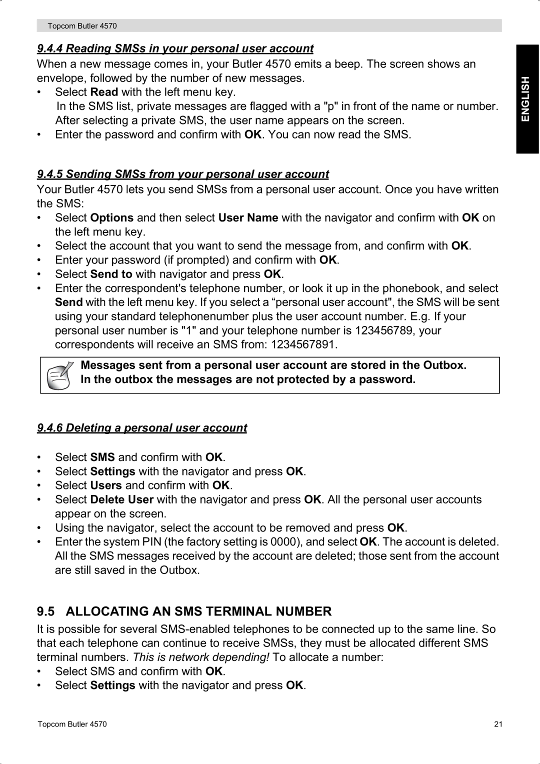 Topcom BUTLER 4570 manual Allocating AN SMS Terminal Number, Reading SMSs in your personal user account 