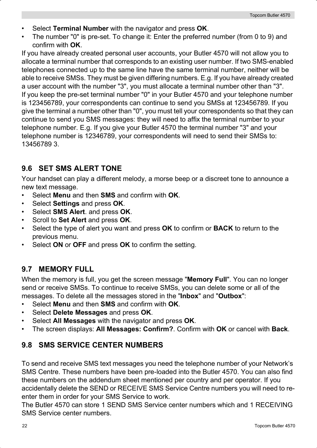 Topcom BUTLER 4570 manual SET SMS Alert Tone, Memory Full, SMS Service Center Numbers 