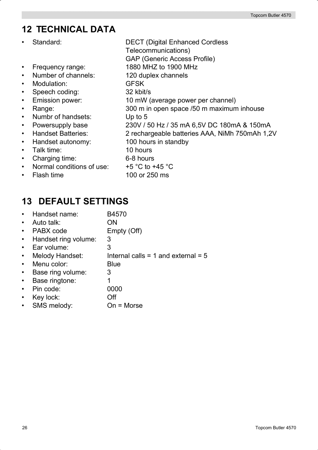 Topcom BUTLER 4570 manual Technical Data, Default Settings 