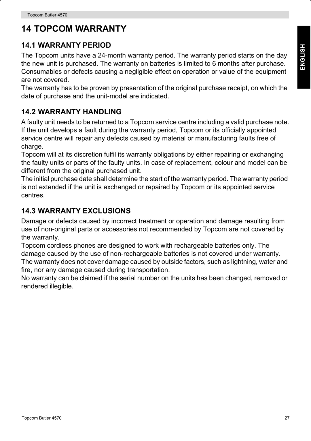 Topcom BUTLER 4570 manual Topcom Warranty, Warranty Period, Warranty Handling, Warranty Exclusions 