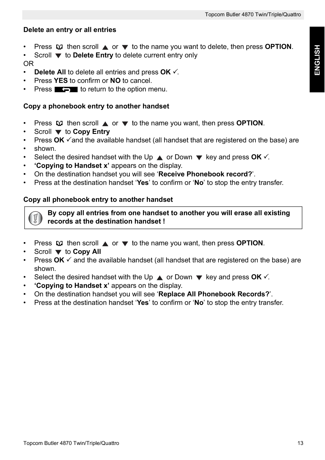 Topcom BUTLER 4870 manual Delete an entry or all entries, Copy a phonebook entry to another handset 