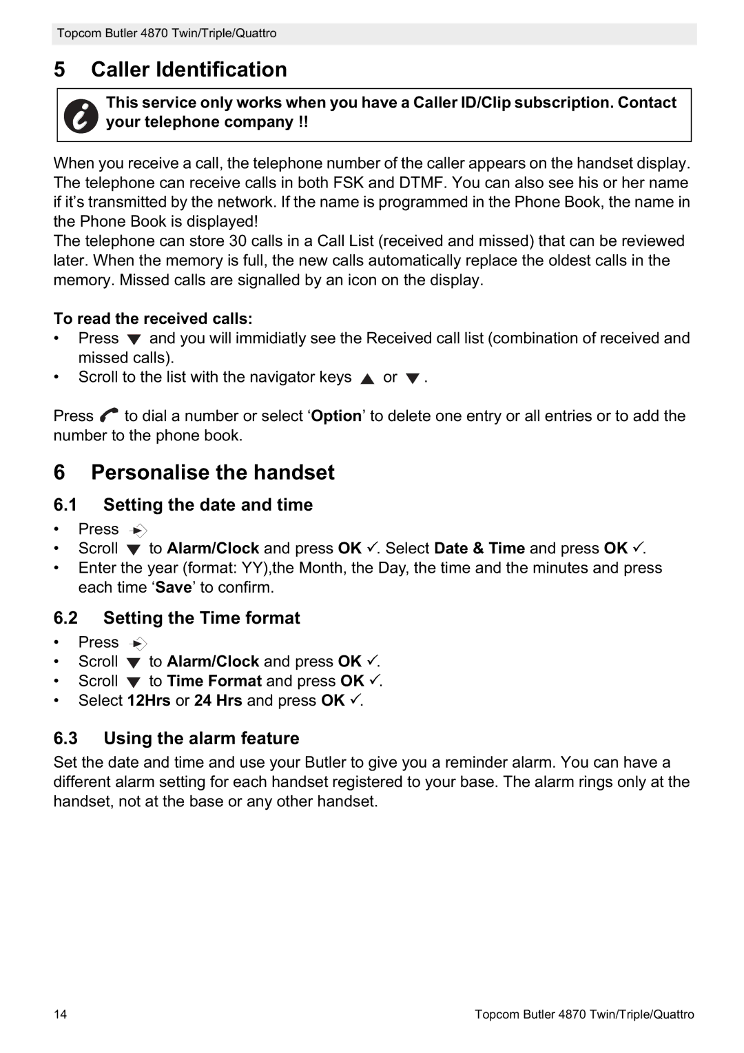 Topcom BUTLER 4870 Caller Identification, Personalise the handset, Setting the date and time, Setting the Time format 