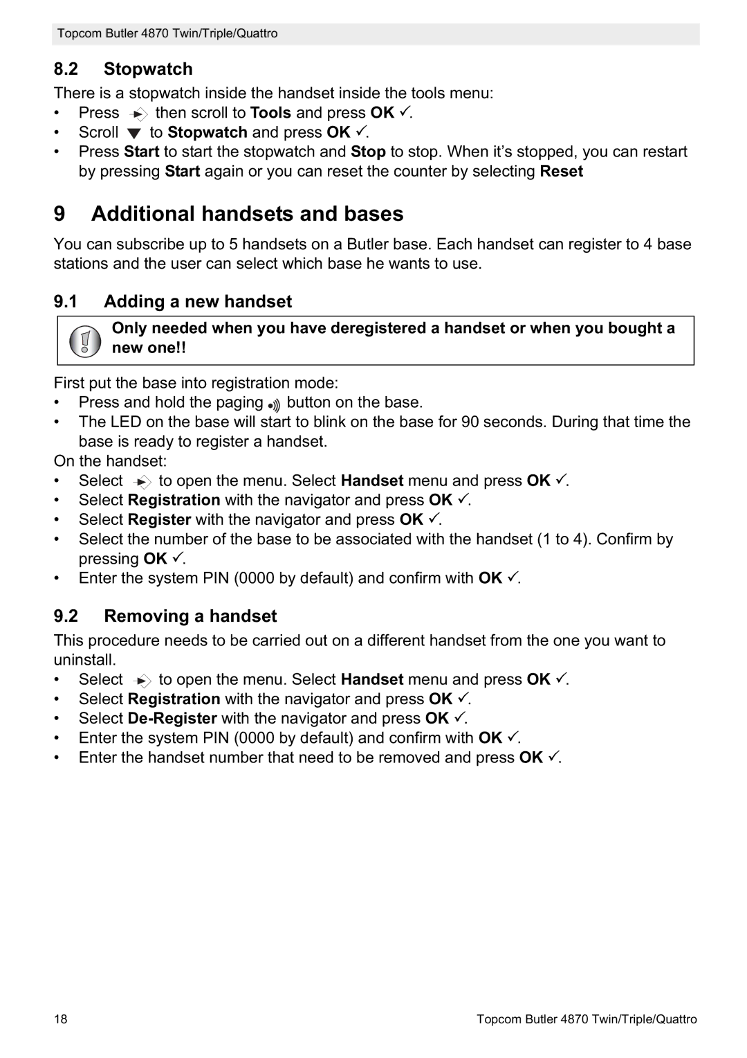 Topcom BUTLER 4870 manual Additional handsets and bases, Stopwatch, Adding a new handset, Removing a handset 