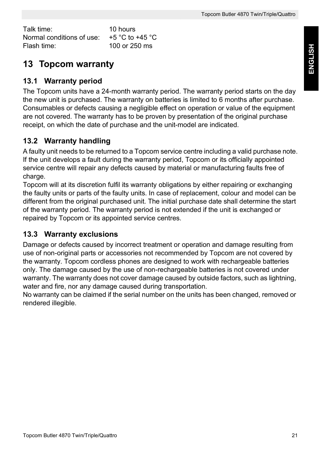 Topcom BUTLER 4870 manual Topcom warranty, Warranty period, Warranty handling, Warranty exclusions 