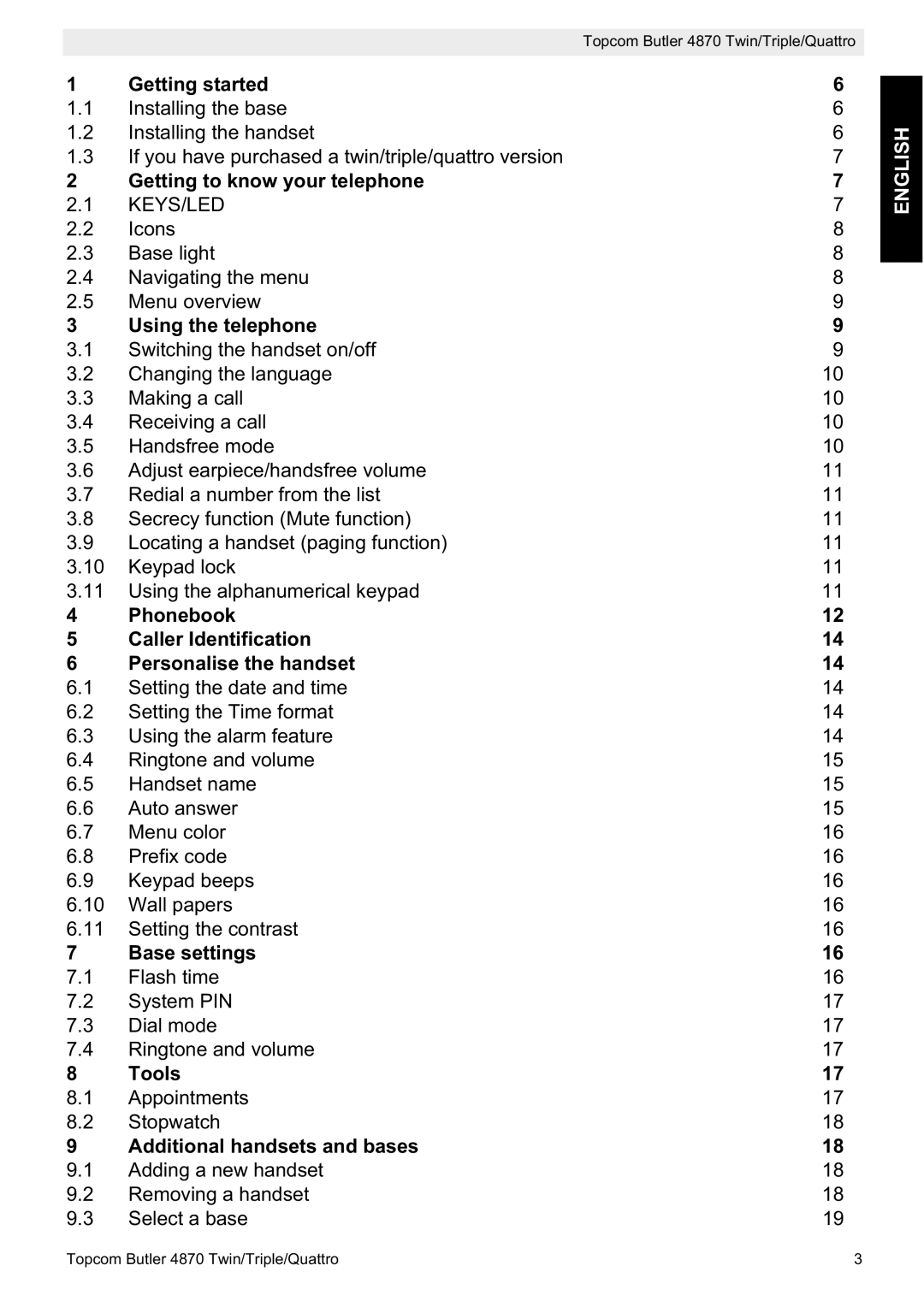Topcom BUTLER 4870 manual Getting started, Getting to know your telephone, Using the telephone, Base settings, Tools 