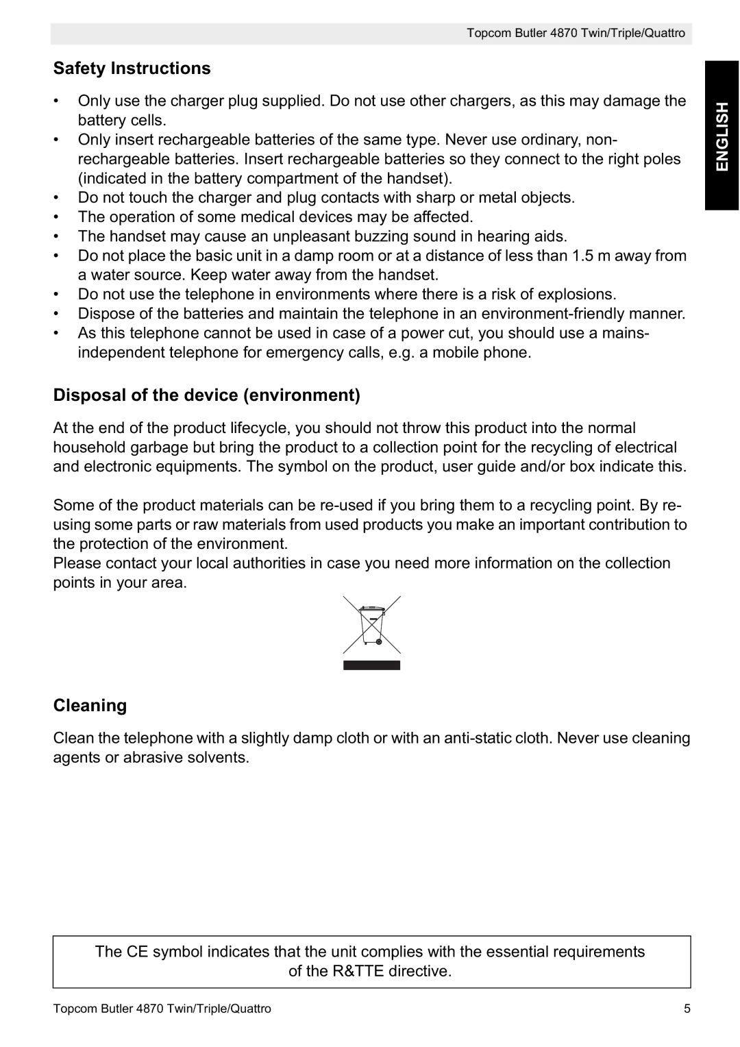 Topcom BUTLER 4870 manual Safety Instructions, Disposal of the device environment, Cleaning 