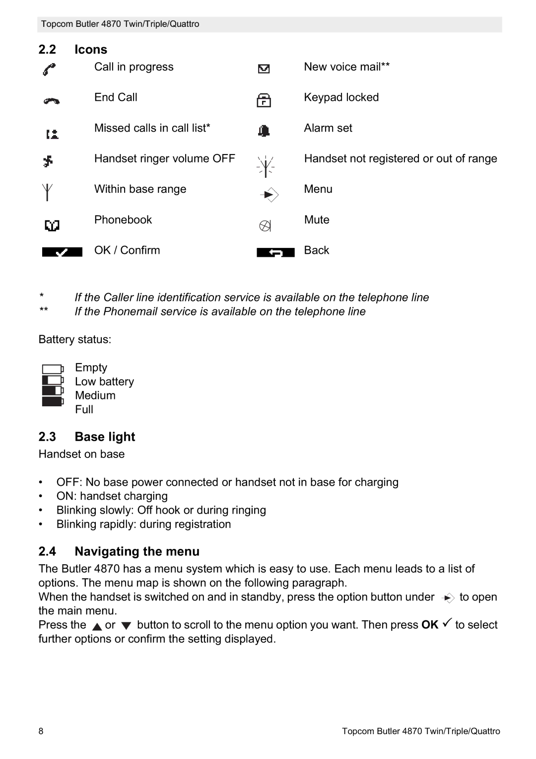 Topcom BUTLER 4870 manual Icons, Base light, Navigating the menu 