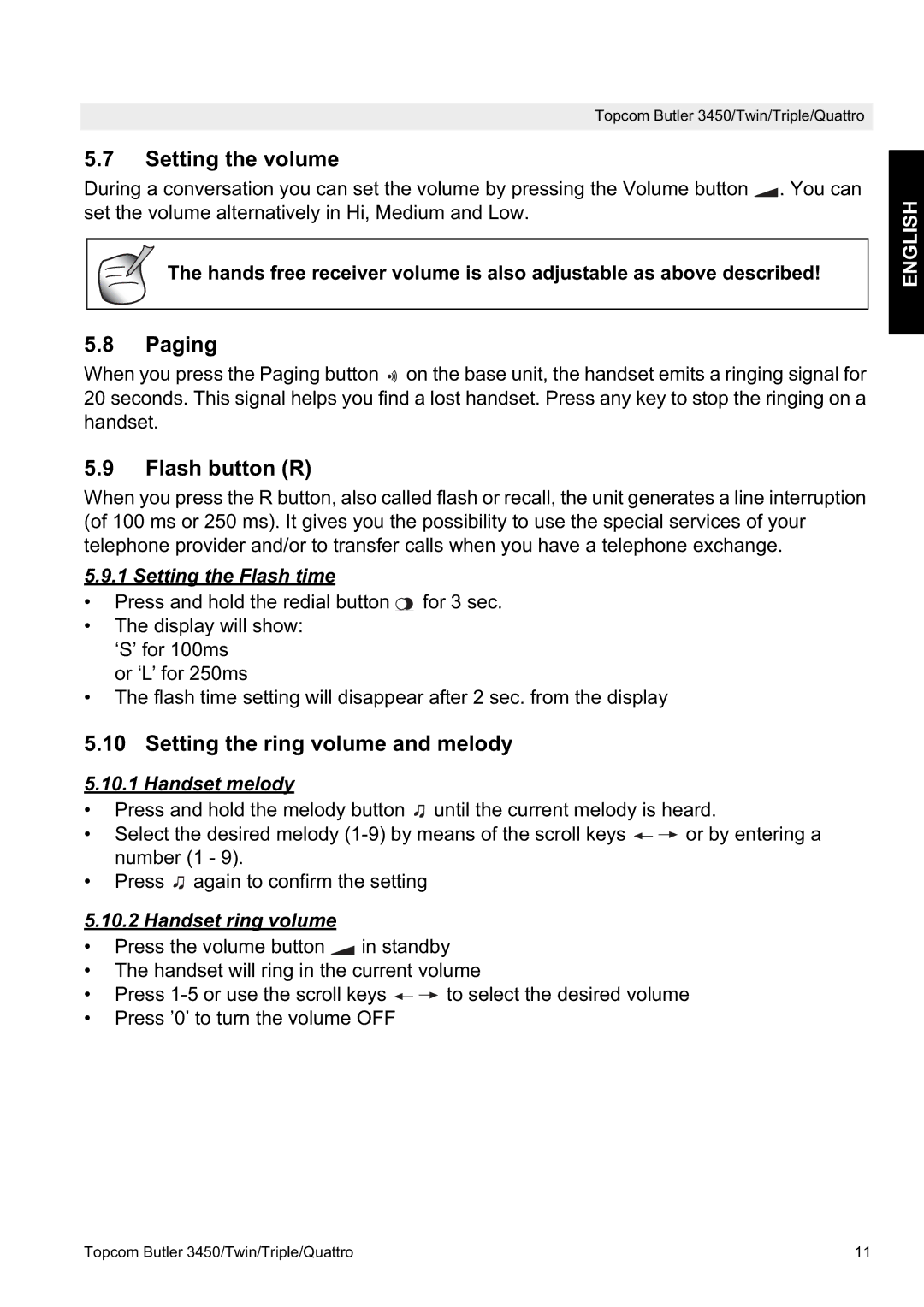 Topcom BUTLER 3450, BUTLER Quattro manual Setting the volume, Paging, Flash button R, Setting the ring volume and melody 