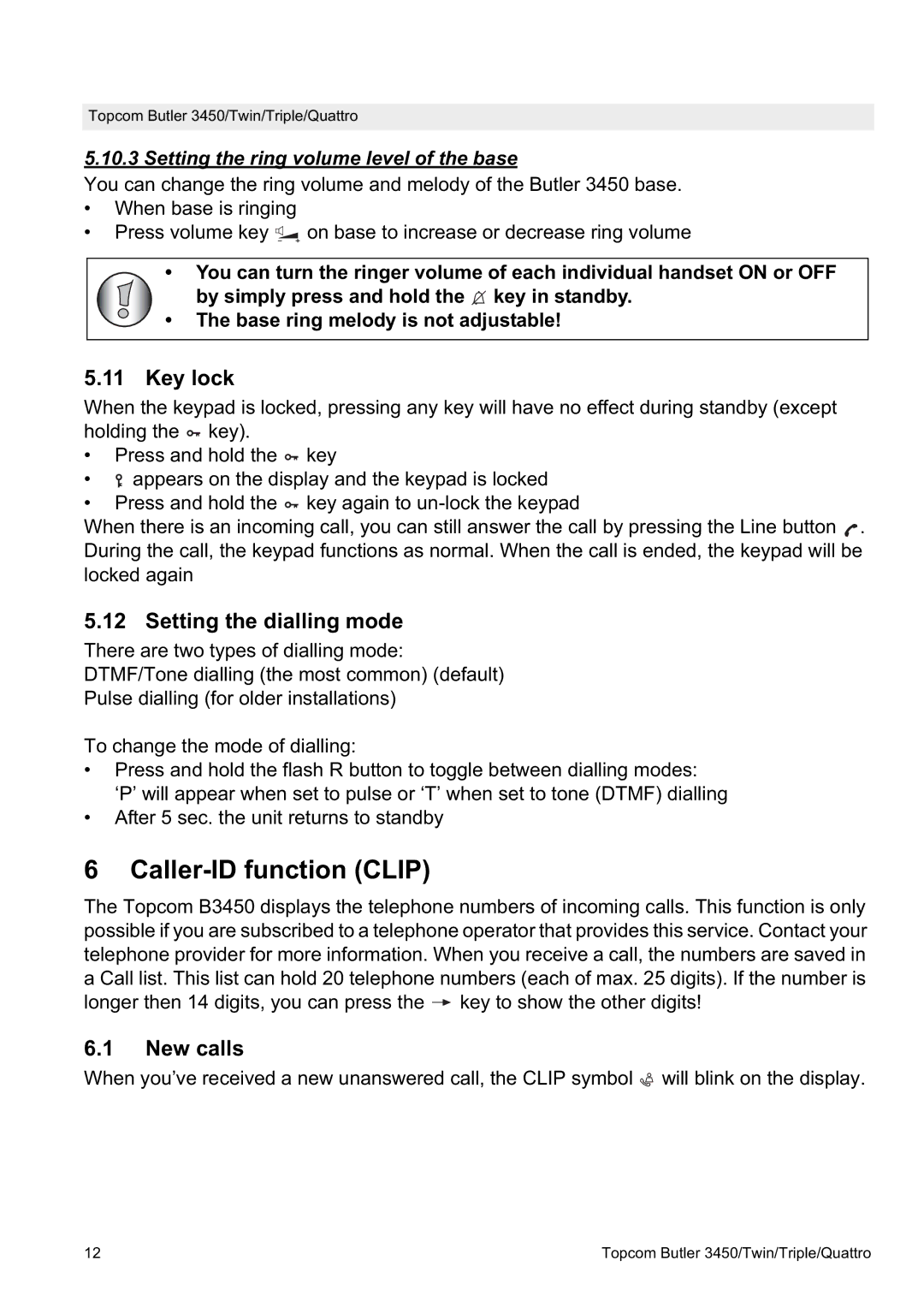 Topcom BUTLER Quattro, BUTLER 3450 manual Caller-ID function Clip, Key lock, Setting the dialling mode, New calls 
