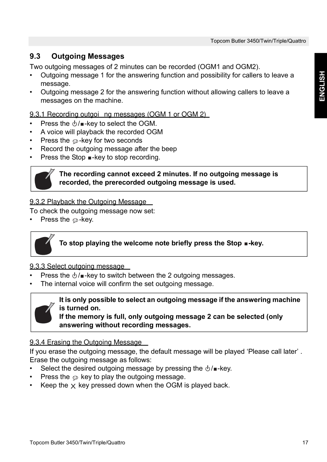 Topcom BUTLER 3450, BUTLER Quattro Outgoing Messages, Recording outgoing messages OGM 1 or OGM, Select outgoing message 