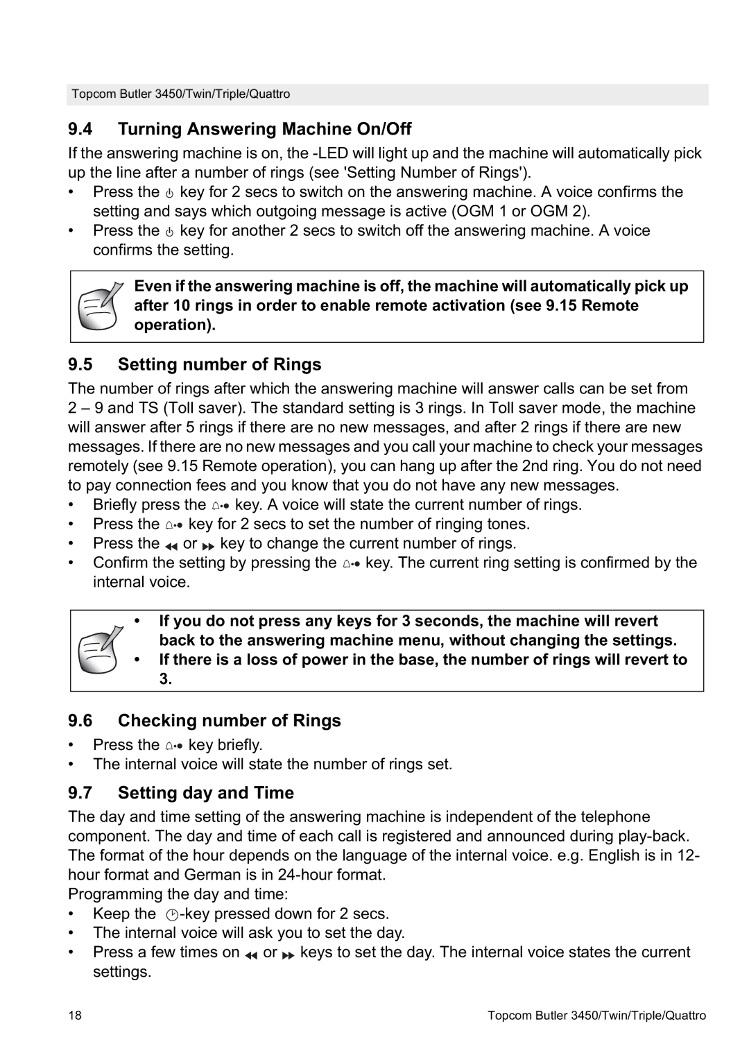 Topcom BUTLER Quattro, BUTLER 3450 Turning Answering Machine On/Off, Setting number of Rings, Checking number of Rings 