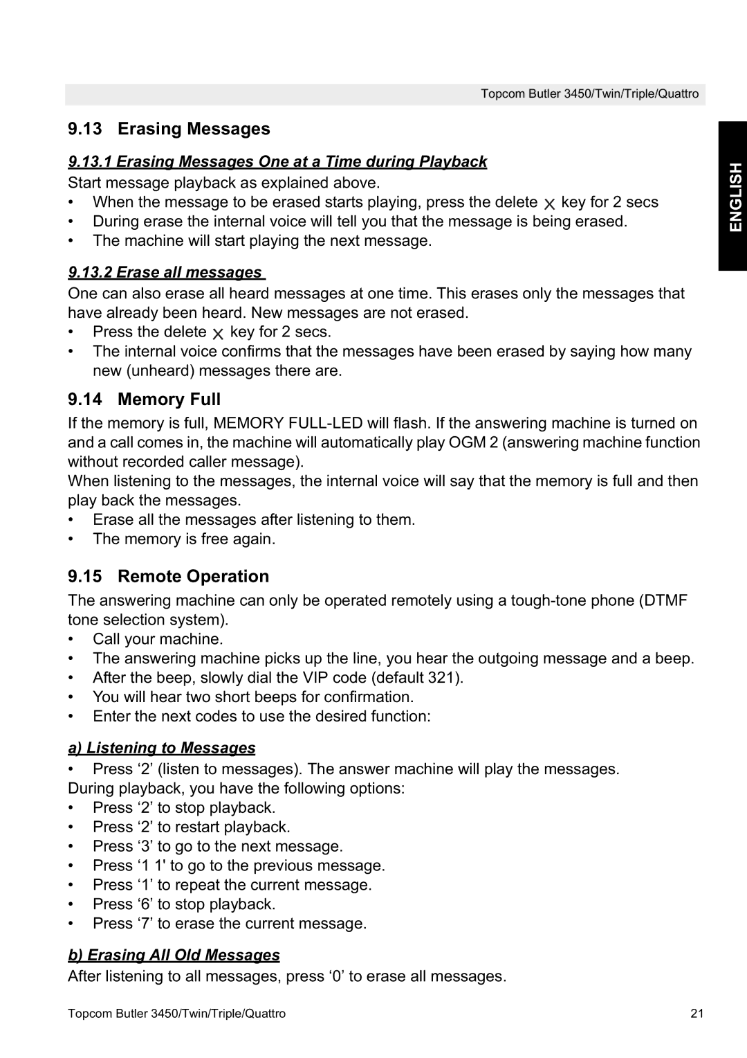 Topcom BUTLER 3450, BUTLER Quattro manual Erasing Messages, Memory Full, Remote Operation 